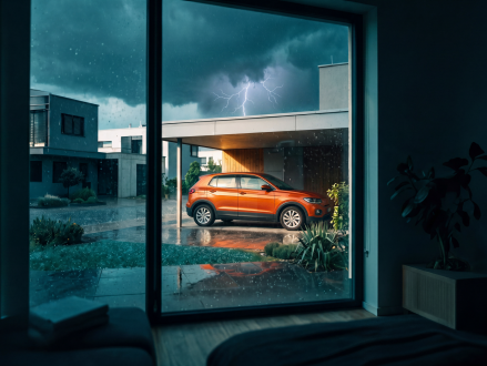 Auto unter einem Carport bei starkem Gewitter und Blitzschlag
