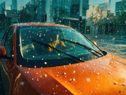 Orangefarbenes Auto bei starkem Hagel mit Hagelkörnern auf der Karosserie