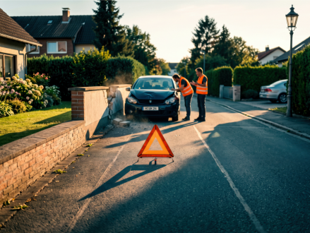 Warndreieck sichert eine Unfallstelle mit beschädigtem Auto ab