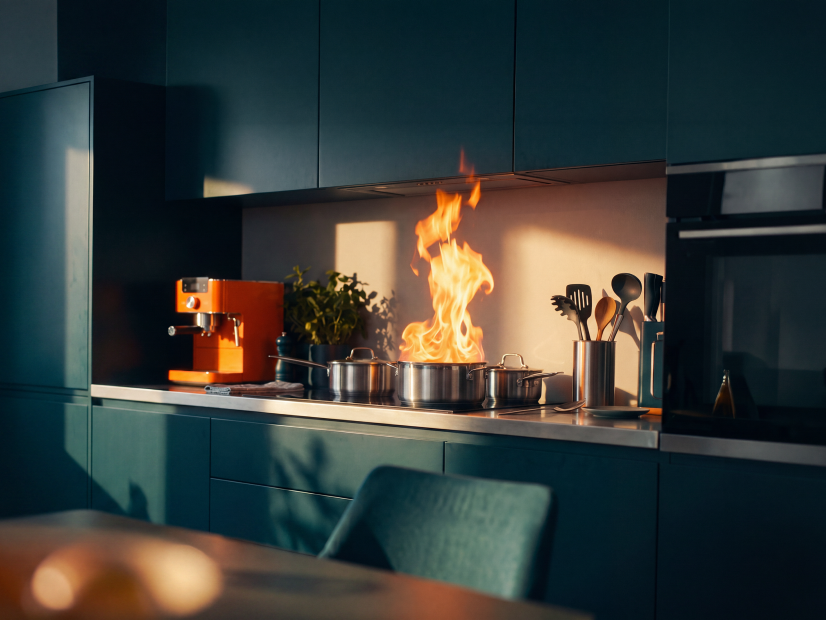 Brennender Kochtopf mit offenen Flammen auf einem Küchenherd
