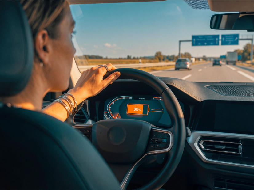 Fahrerin prüft den Akkustand eines Elektroautos während der Fahrt