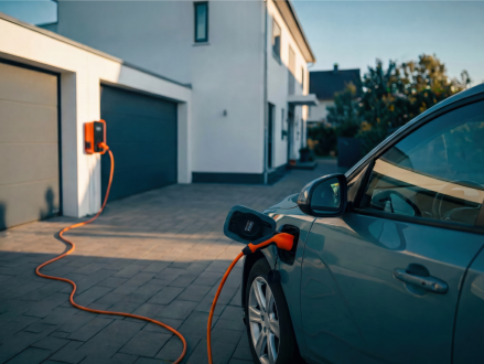 Elektroauto lädt an einer Wallbox vor einem Einfamilienhaus