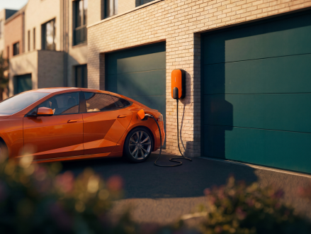 Elektroauto an einer privaten Wallbox neben der Garage eines Wohnhauses