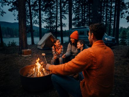 Familie sitzt beim Camping gemeinsam an einem Lagerfeuer
