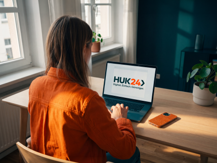 Frau nutzt einen Laptop mit geöffneter HUK24 Website
