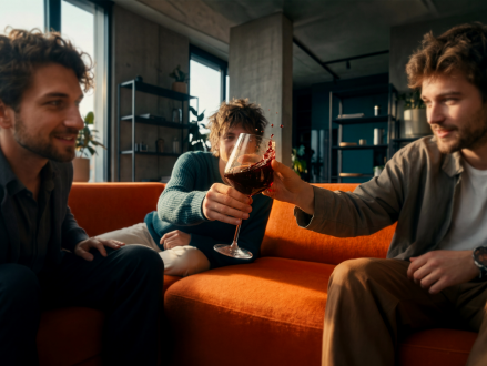 Freunde stoßen bei einem gemeinsamen Abend mit Rotwein an