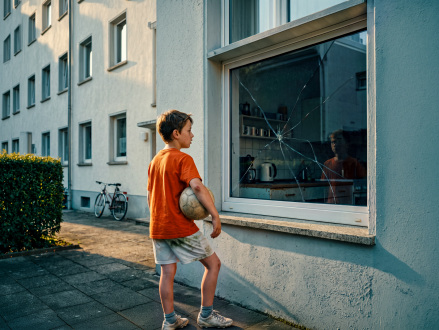 Junge steht mit Fußball vor einer durch einen Ball beschädigten Fensterscheibe