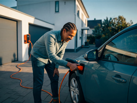 Mann verbindet ein Elektroauto mit der Wallbox eines Wohnhauses