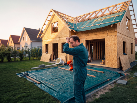 Mann arbeitet am Rohbau eines neuen Einfamilienhauses