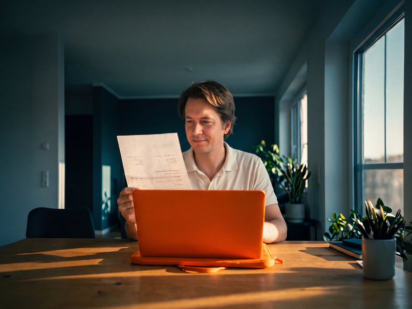 Mann prüft eine Rechnung an seinem Laptop zu Hause