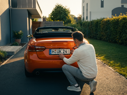 Mann befestigt ein Saisonkennzeichen an einem Cabriolet