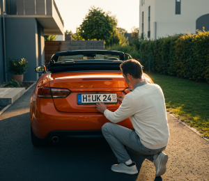 Mann befestigt ein Saisonkennzeichen an einem Cabriolet