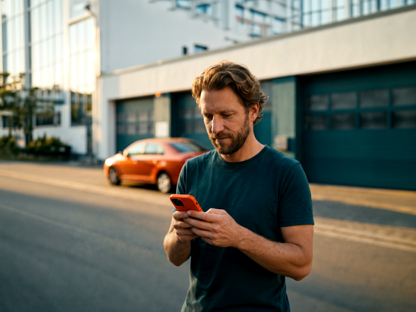 Mann verwendet sein Smartphone neben einem geparkten Auto