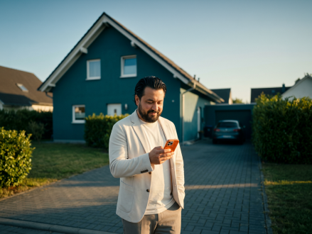 Mann nutzt sein Smartphone vor einem Einfamilienhaus