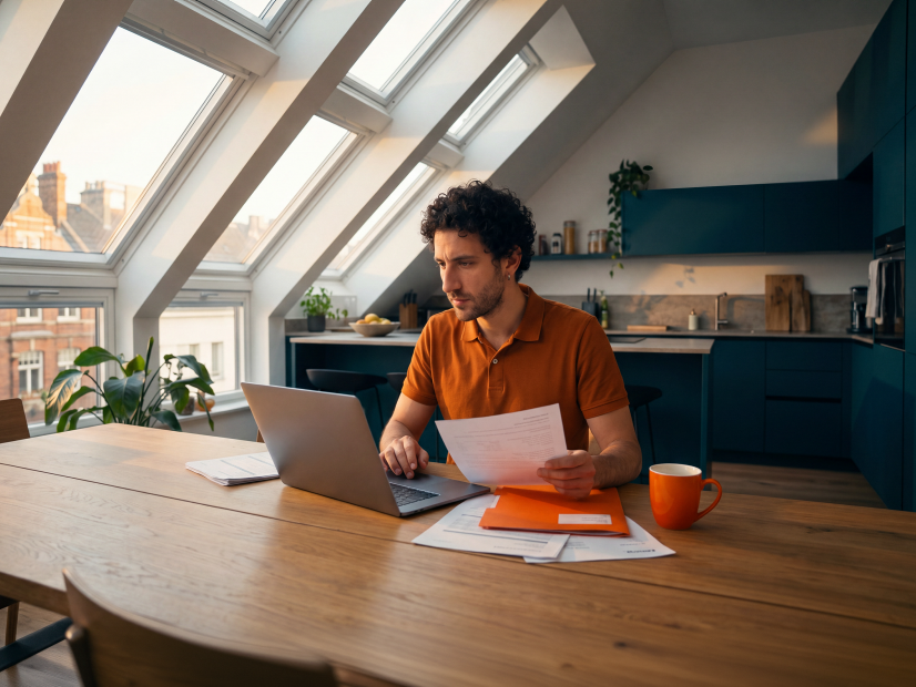 Mann bearbeitet Versicherungsunterlagen und Dokumente am Laptop
