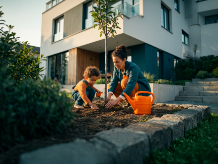 Mutter und Kind pflanzen gemeinsam einen Baum im Garten vor ihrem Haus