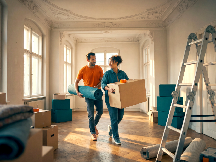 Paar trägt Umzugskartons in eine neue Wohnung