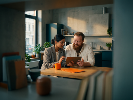 Paar prüft gemeinsam Dokumente und Unterlagen auf einem Tablet
