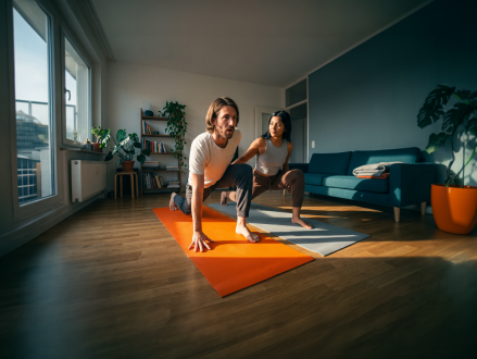 Paar macht gemeinsam Yoga auf einer Matte im Wohnzimmer
