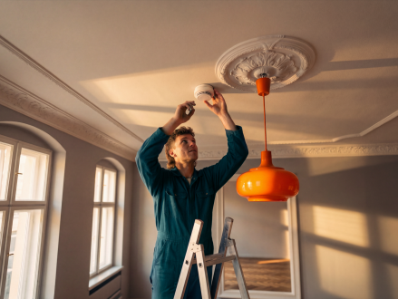 Person montiert einen Rauchmelder an der Decke einer Wohnung
