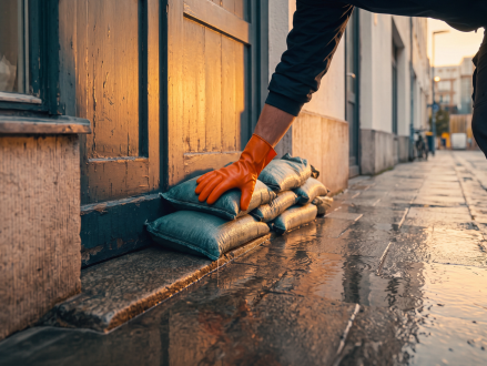 Sandsäcke schützen einen Hauseingang vor eindringendem Hochwasser
