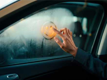 Hand zeichnet einen Smiley auf eine beschlagene Autoscheibe