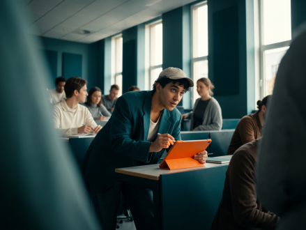 Student nutzt ein Tablet in einem Lern- und Arbeitsbereich