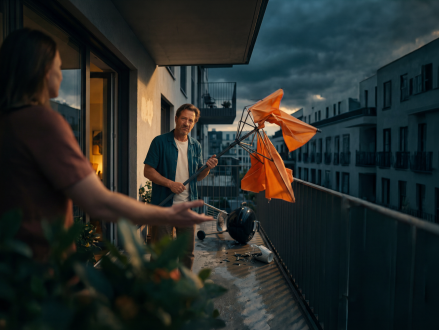 Beschädigter Sonnenschirm und Gegenstände auf einem Balkon nach einem Sturm