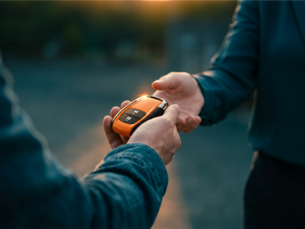 Zwei Personen bei der Übergabe eines Autoschlüssels