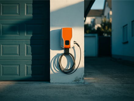 Wallbox mit Ladekabel an der Außenwand einer privaten Garage