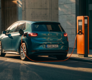 Elektroauto an einer öffentlichen Ladesäule in der Stadt