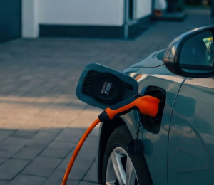 Elektroauto an einer privaten Wallbox neben der Garage eines Wohnhauses