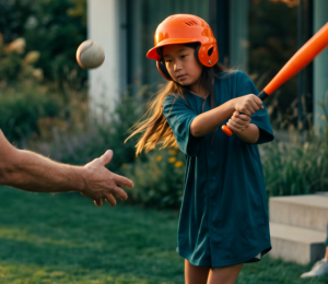 Vater spielt mit seinem Kind Baseball im Garten, während die Familie zusieht