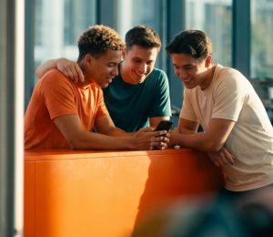 Drei Freunde unterhalten sich beim gemeinsamen Training im Fitnessstudio