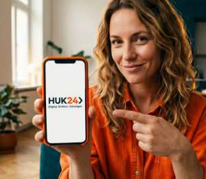 Kundin zeigt das HUK24 Logo auf ihrem Smartphone