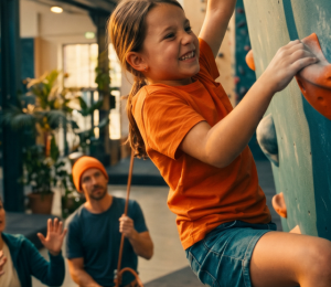 Mädchen klettert gesichert an einer Kletterwand in einer Kletterhalle