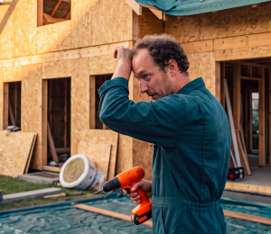 Mann arbeitet am Rohbau eines neuen Einfamilienhauses