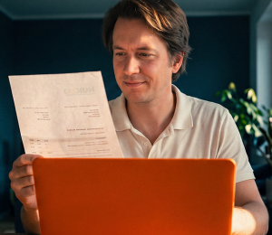 Mann prüft eine Rechnung an seinem Laptop zu Hause