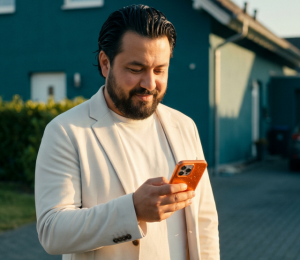 Mann nutzt sein Smartphone vor einem Einfamilienhaus