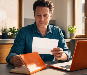 Mann prüft Vertragsunterlagen an seinem Laptop am Küchentisch