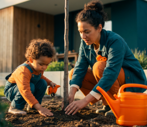Mutter und Kind pflanzen gemeinsam einen Baum im Garten vor ihrem Haus