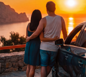 Paar steht neben seinem Auto und blickt bei Sonnenuntergang über die Landschaft