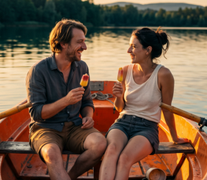 Paar genießt gemeinsam eine Fahrt mit dem Ruderboot auf einem See