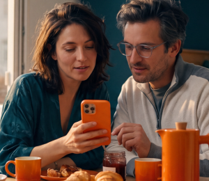 Paar nutzt beim gemeinsamen Frühstück ein Smartphone am Küchentisch