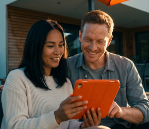 Paar nutzt gemeinsam ein Tablet auf der Terrasse eines Einfamilienhauses
