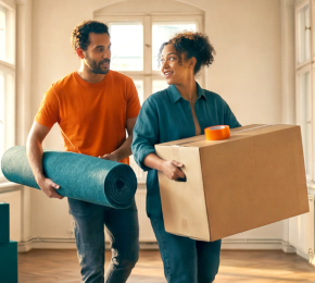 Paar trägt Umzugskartons in eine neue Wohnung
