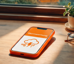 Smartphone zeigt eine Sturmwarnung vor einem herannahenden Unwetter an