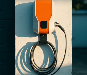 Wallbox mit Ladekabel an der Außenwand einer privaten Garage