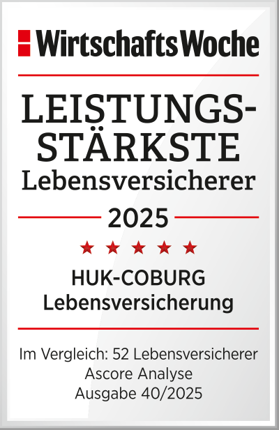 WirtschaftsWoche: Lebensversicherer HUK-COBURG - Leistungsstärkste - 2025. Im Vergleich: 52 Lebensversicherer. Quelle: Ascore Analyse. Ausgabe 10/2025. (Ablaufdatum: 30.09.2026)