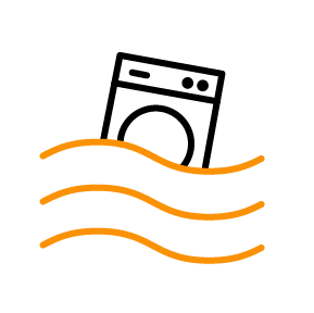 Stilisierte Darstellung einer Waschmaschine, die eine Überschwemmung verursacht